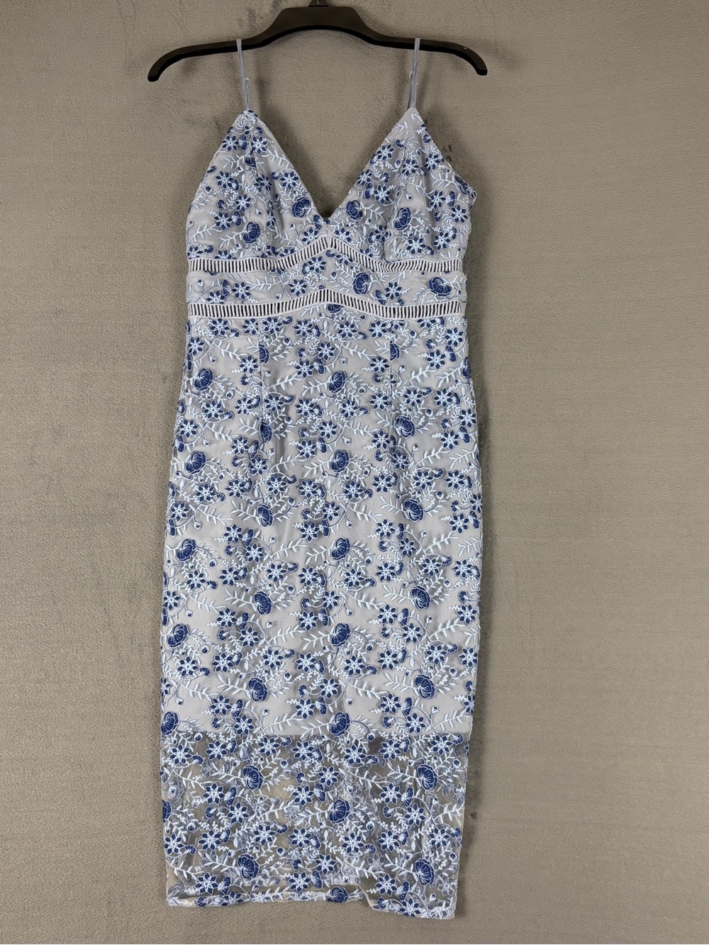 Bardot Light Blue Floral Mesh Midi Dress with Blue Embroidery